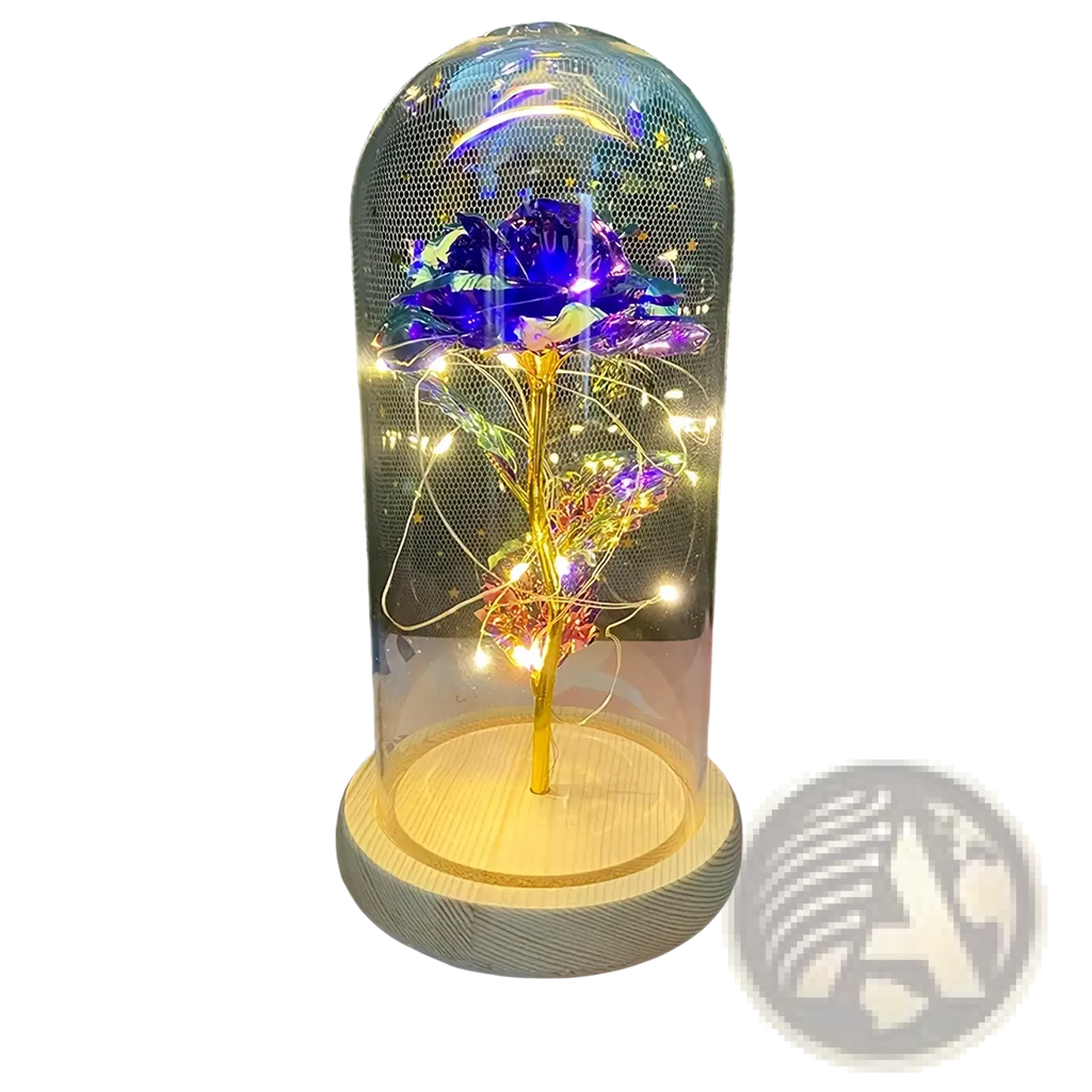 Eternal gold rose glass dome led light gift featuring a glowing purple and gold led rose tree in a clear glass dome with wooden base