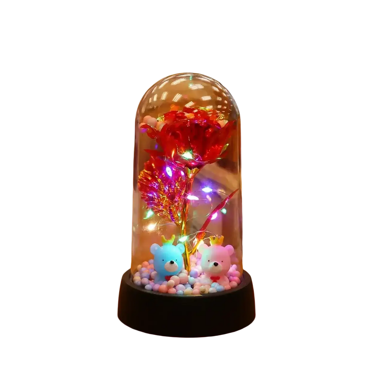 Eternal gold rose glass dome with a glowing red rose and led light, featuring two plush bears on a dark base