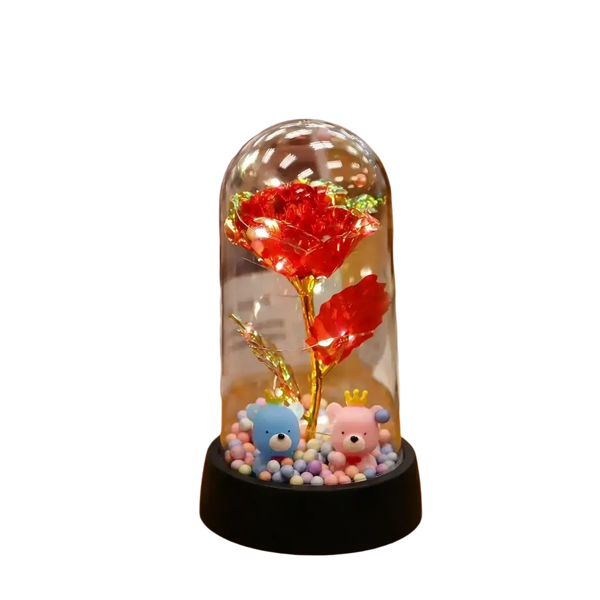 Eternal gold rose glass dome led light gift featuring a glowing red gold rose with a clear glass dome and decorative beads