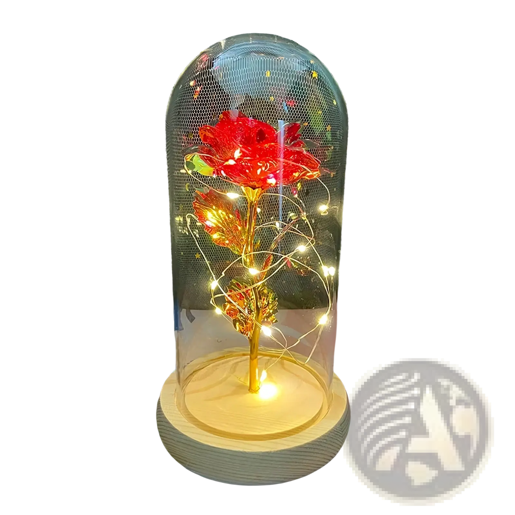 Eternal gold rose glass dome led light featuring a glowing red rose with gold-leafed stem and leaves on wooden base