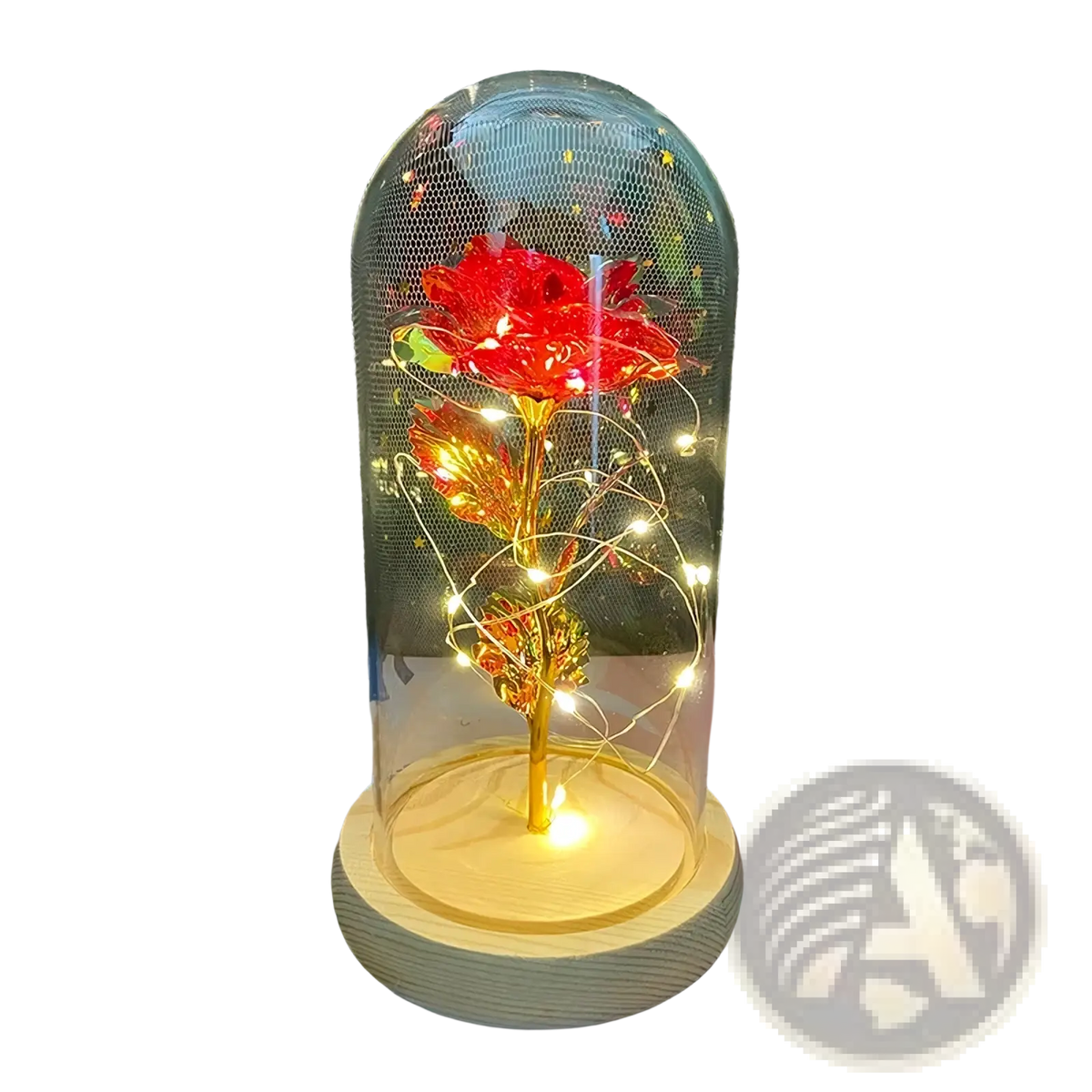 Eternal gold rose glass dome led light featuring a glowing red rose with gold-leafed stem and leaves on wooden base