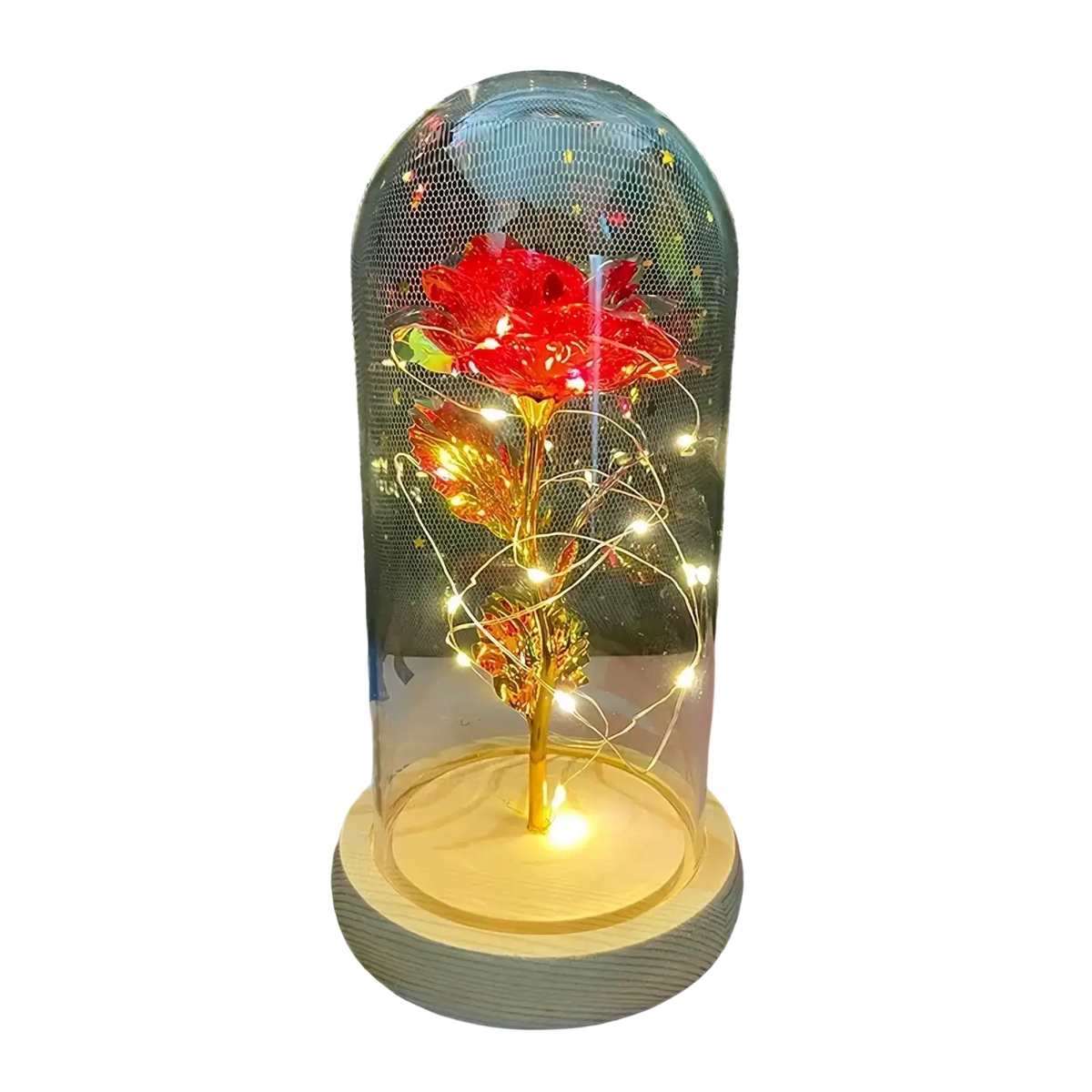 A glowing red gold rose with a gold-toned stem and leaves encased in a glass dome with led light fairy lights