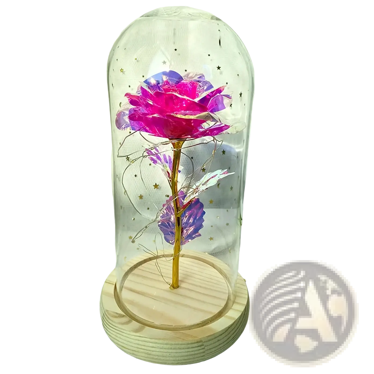 Eternal gold rose glass dome led light featuring a vibrant pink and purple metallic rose with a golden stem