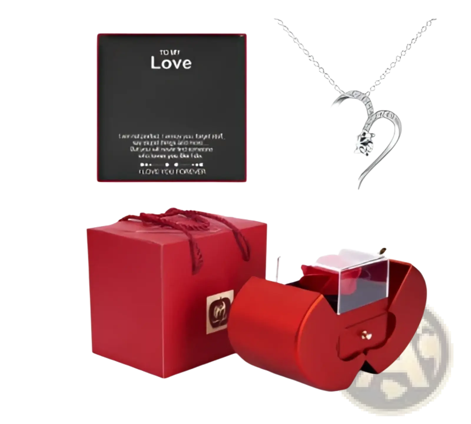 Red heart-shaped eternal rose apple jewelry box with clear window silver clasp and hidden necklace drawer