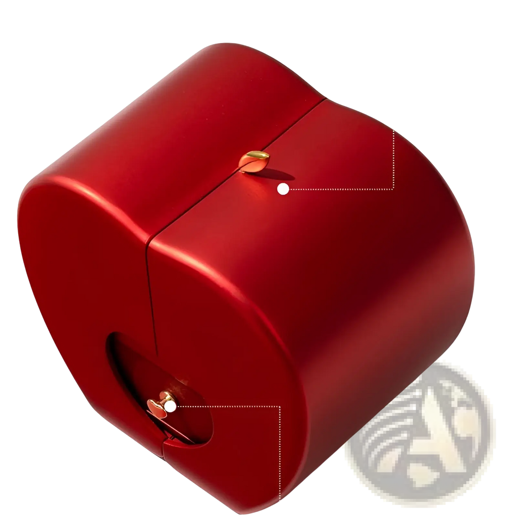 Red metallic heart-shaped eternal rose apple jewelry box with gold-toned clasp and hidden necklace drawer