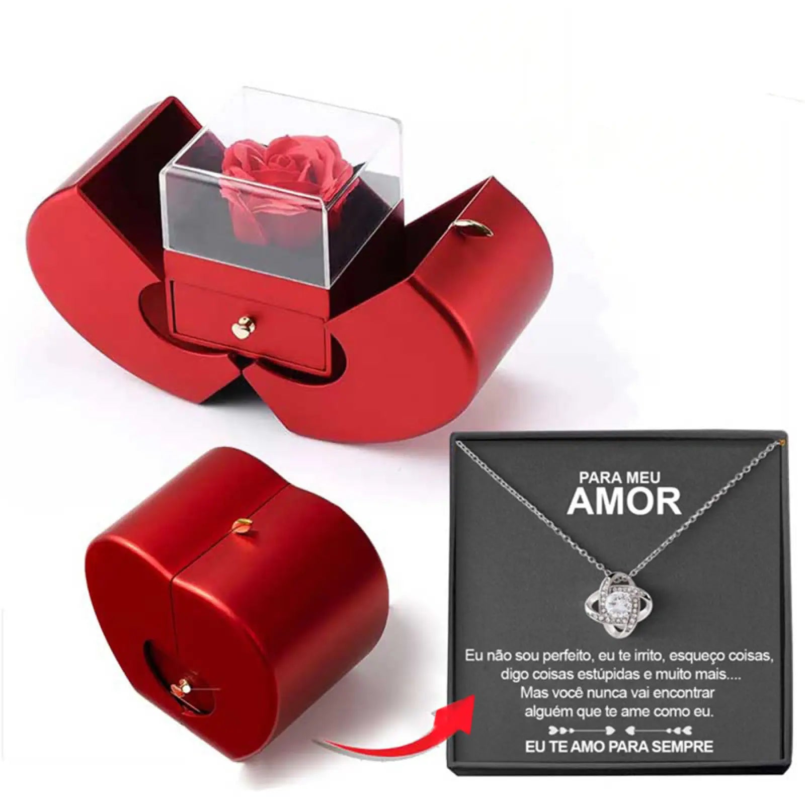 Eternal Rose Apple jewelry box in red metallic heart shape with clear acrylic drawer and preserved red rose inside
