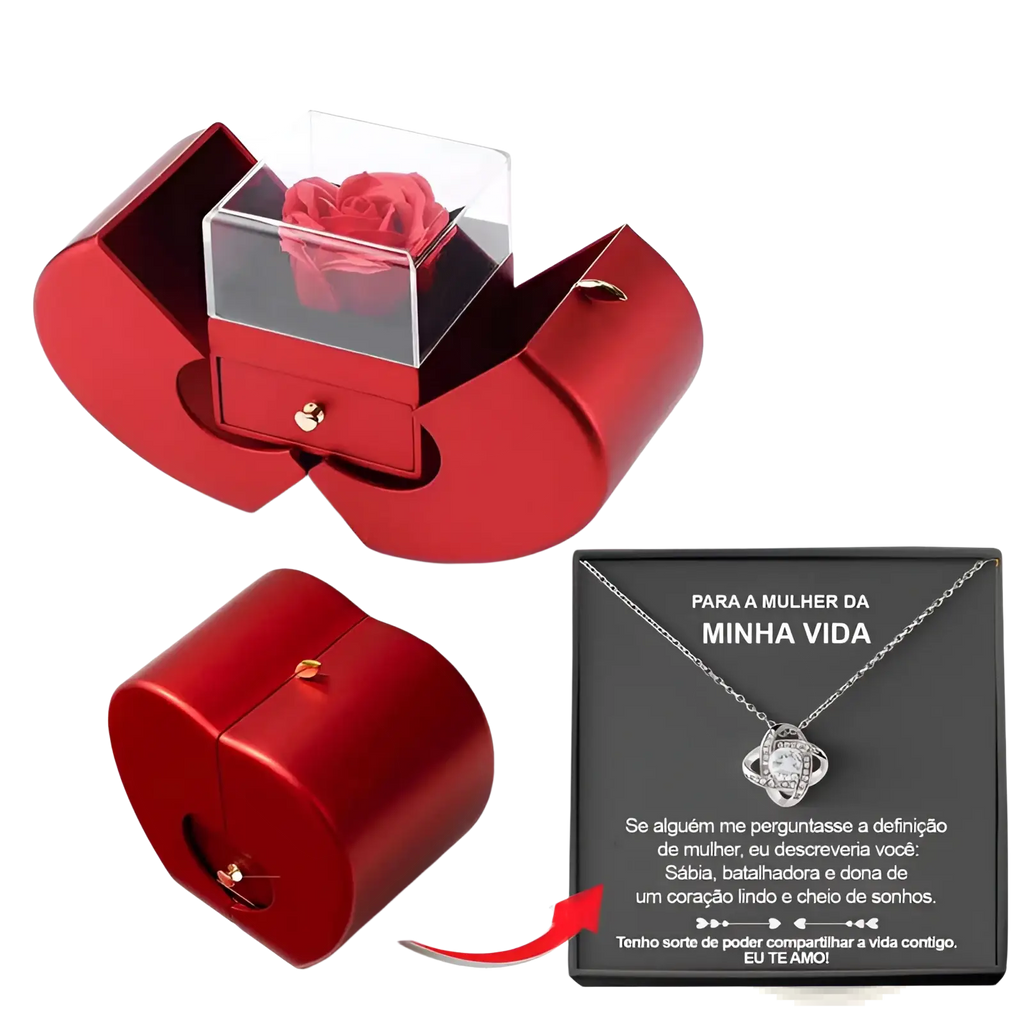 Eternal rose apple jewelry box red heart-shaped with clear acrylic drawer containing preserved red rose and hidden necklace compartment
