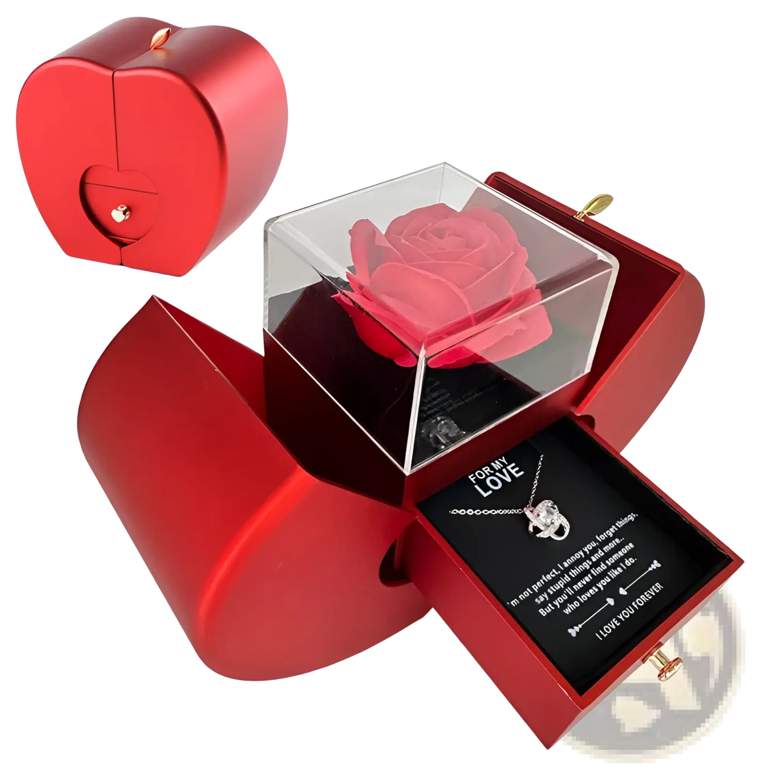 Red heart-shaped eternal rose apple jewelry box with clear acrylic insert holding pink rose and open drawer with silver necklace