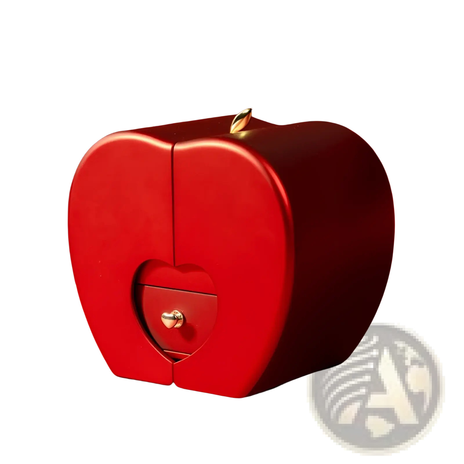 Red apple-shaped jewelry box with gold leaf accent and heart-cut drawer for hidden necklace storage