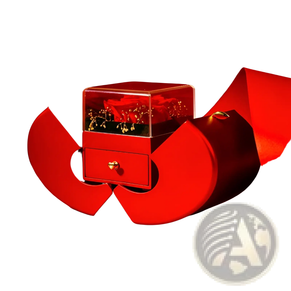 Eternal rose apple jewelry box with a red heart shape clear acrylic top showcasing preserved roses and gold details with a drawer