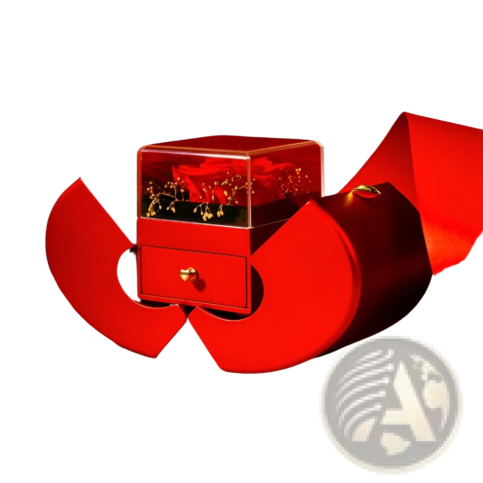 Eternal rose apple jewelry box with a red heart shape clear acrylic top showcasing preserved roses and gold details with a drawer
