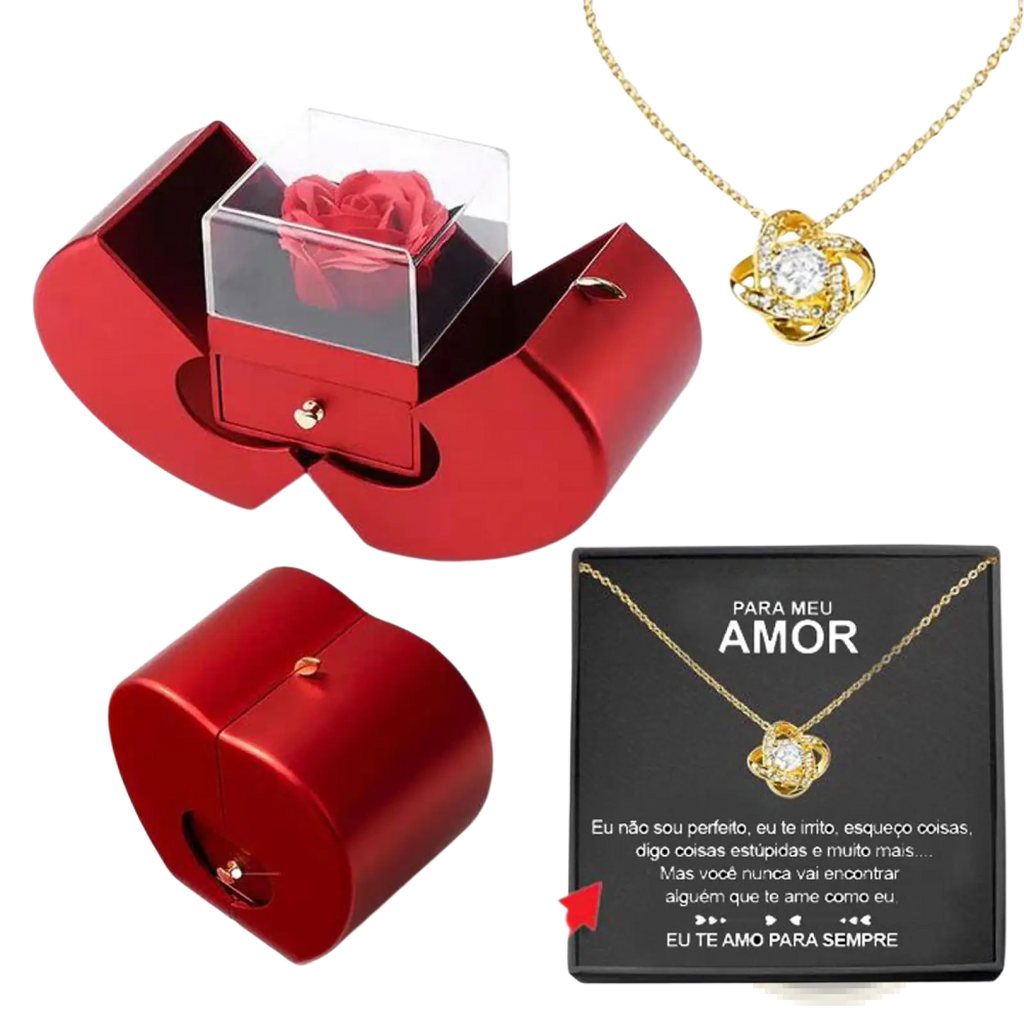 Eternal rose apple jewelry box in red metal with clear acrylic lid and preserved pink rose inside with hidden necklace drawer