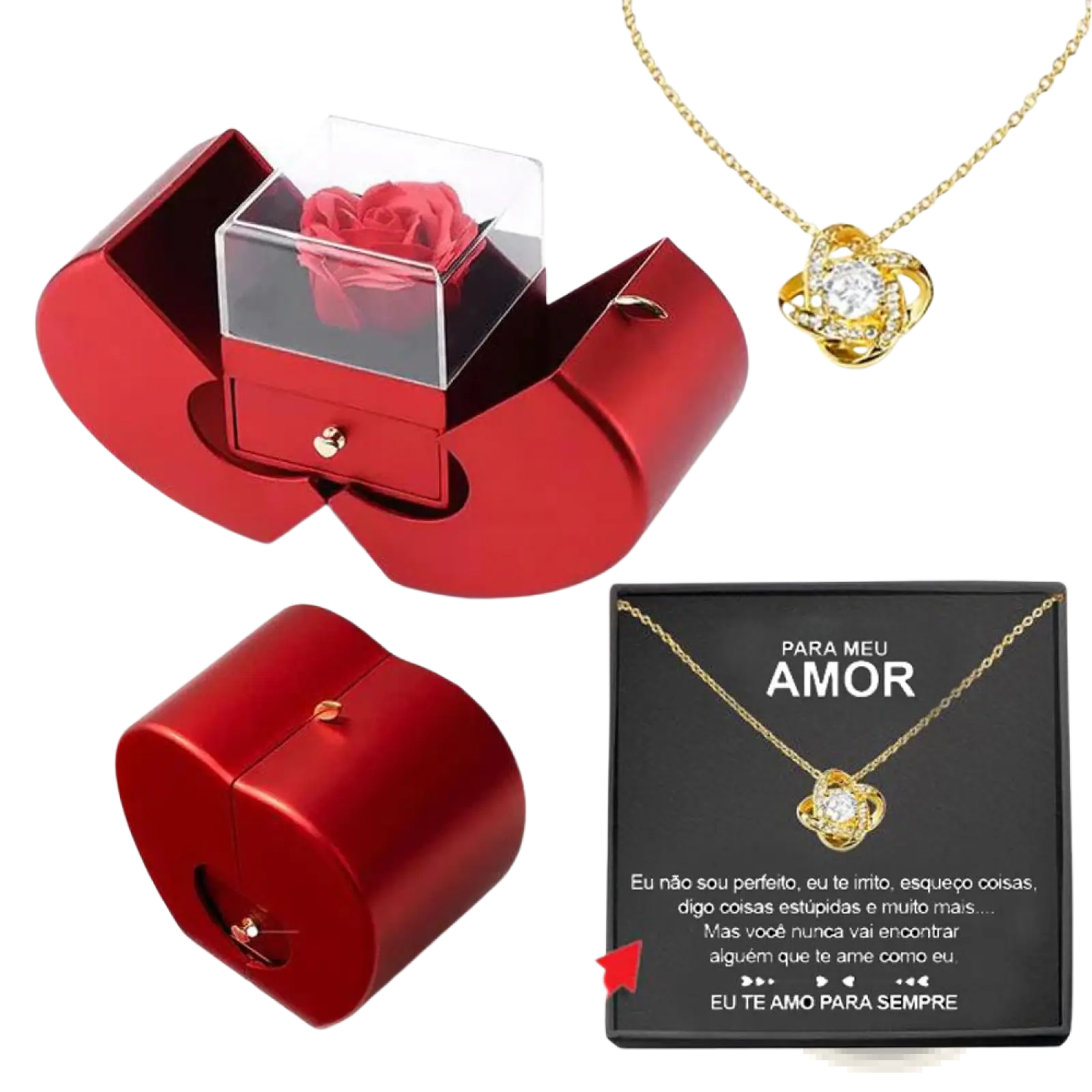 Eternal rose apple jewelry box in red metal with clear acrylic lid and preserved pink rose inside with hidden necklace drawer