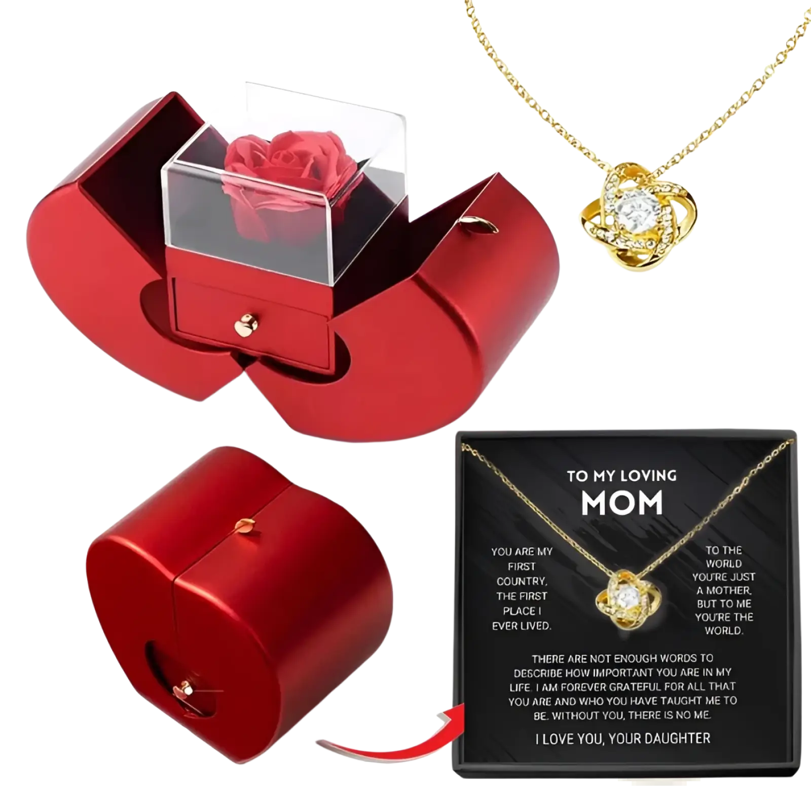 Red heart-shaped jewelry box with clear acrylic lid containing a preserved red rose and hidden necklace drawer