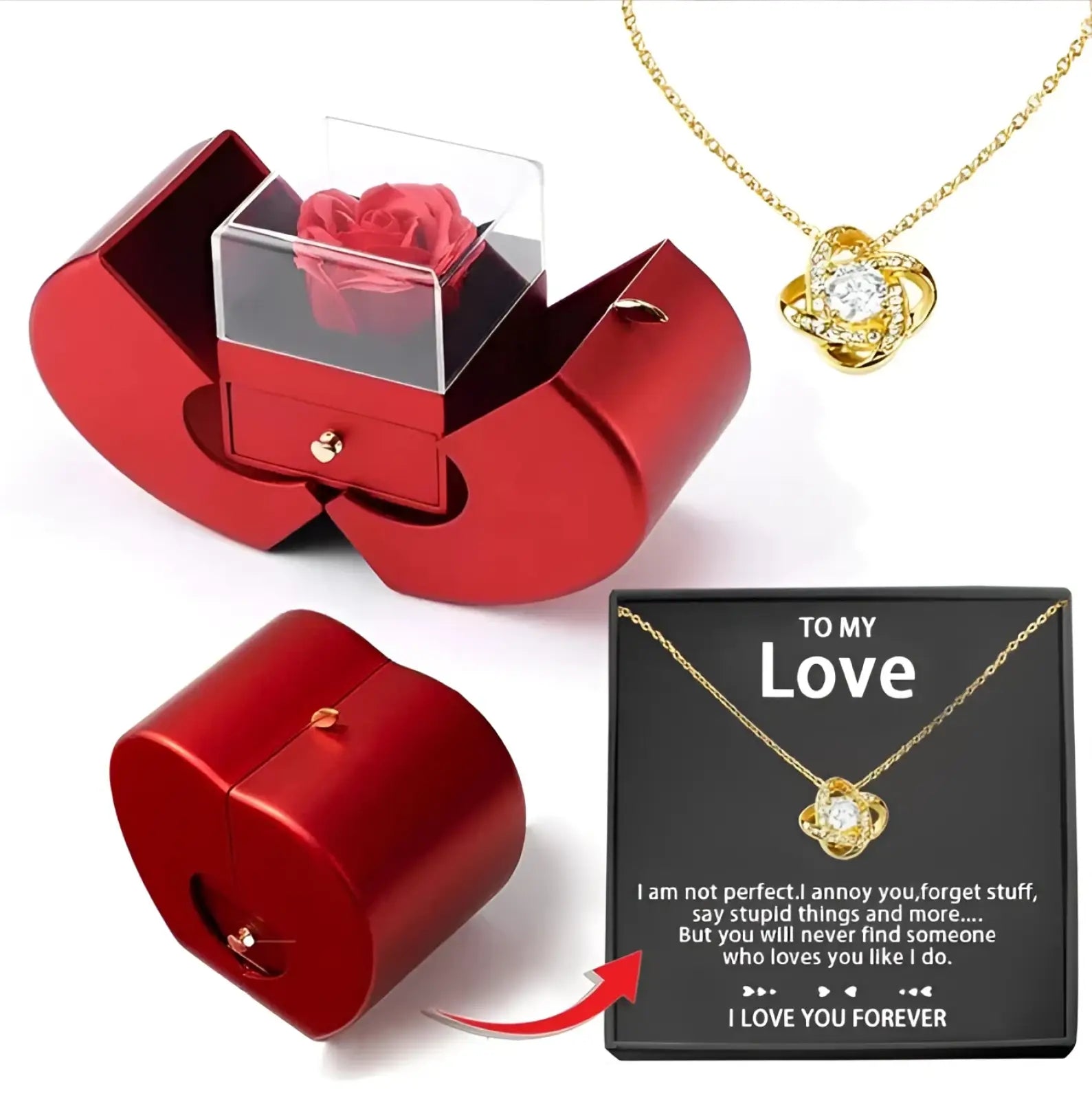 Red metallic heart-shaped eternal rose apple jewelry box with clear acrylic lid holding a preserved rose and hidden drawer