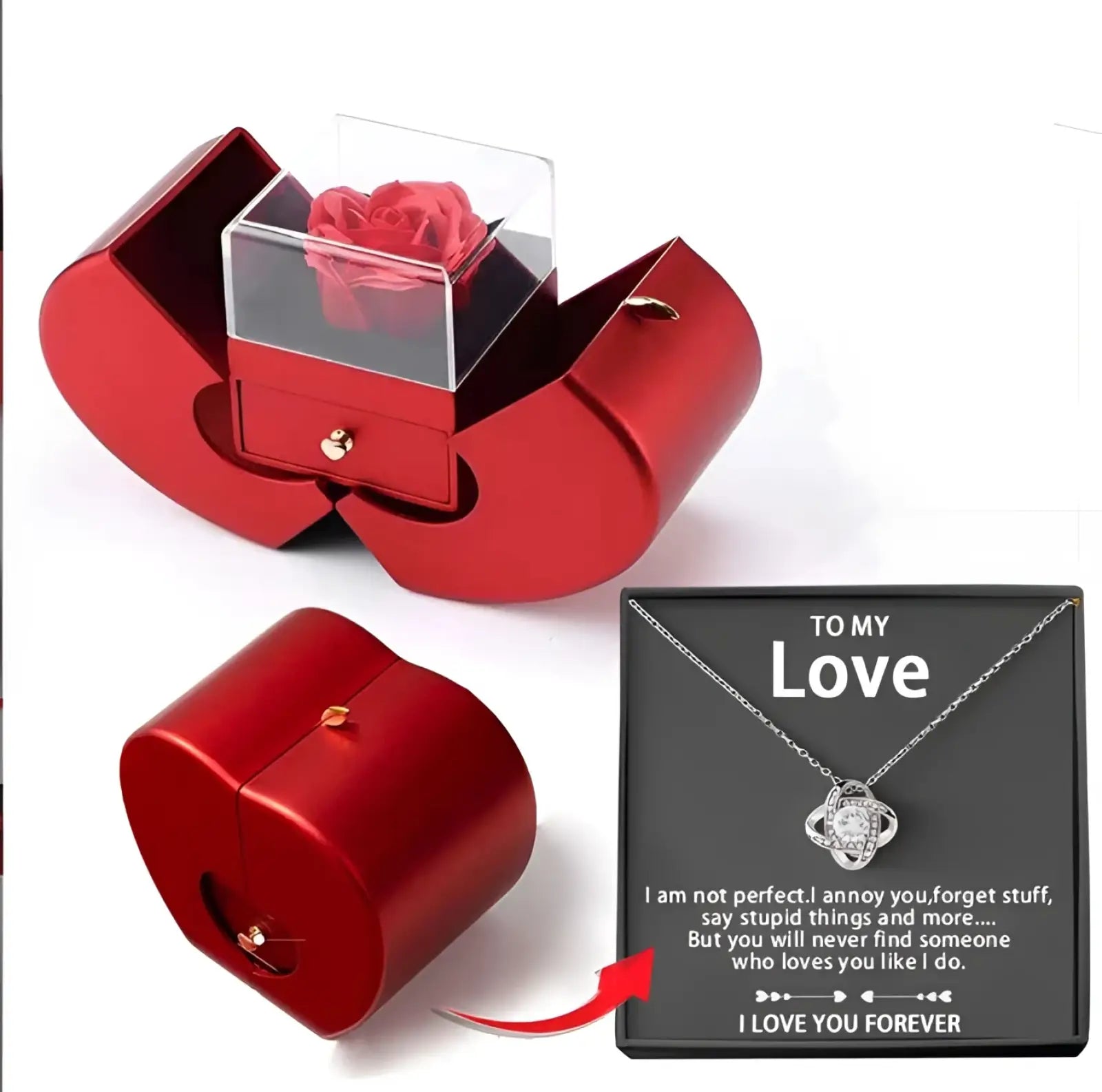 Red metallic heart-shaped eternal rose apple jewelry box with clear acrylic lid holding preserved rose and hidden drawer