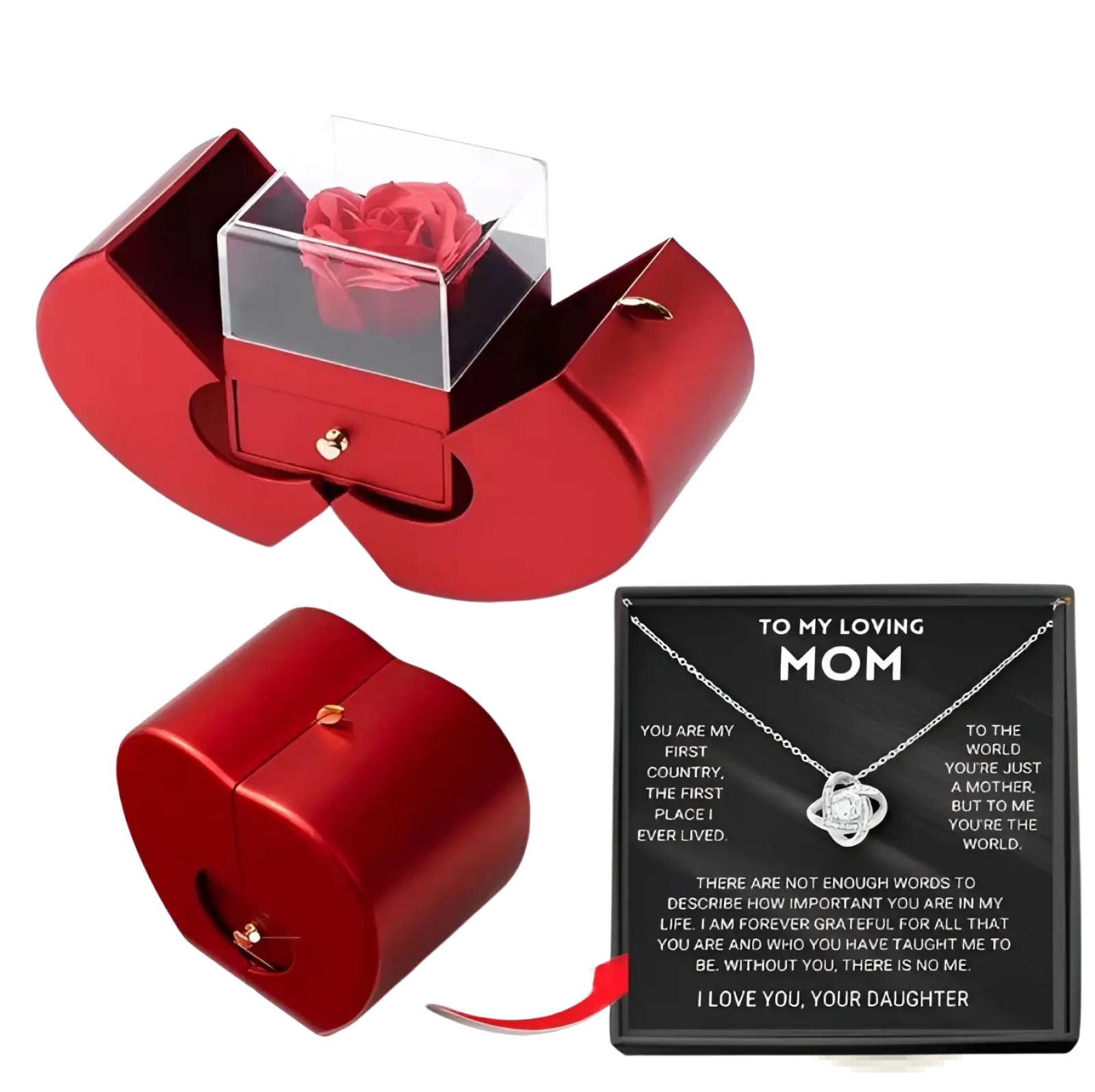 Eternal rose apple jewelry box in red metallic heart shape with clear acrylic lid and preserved red rose inside