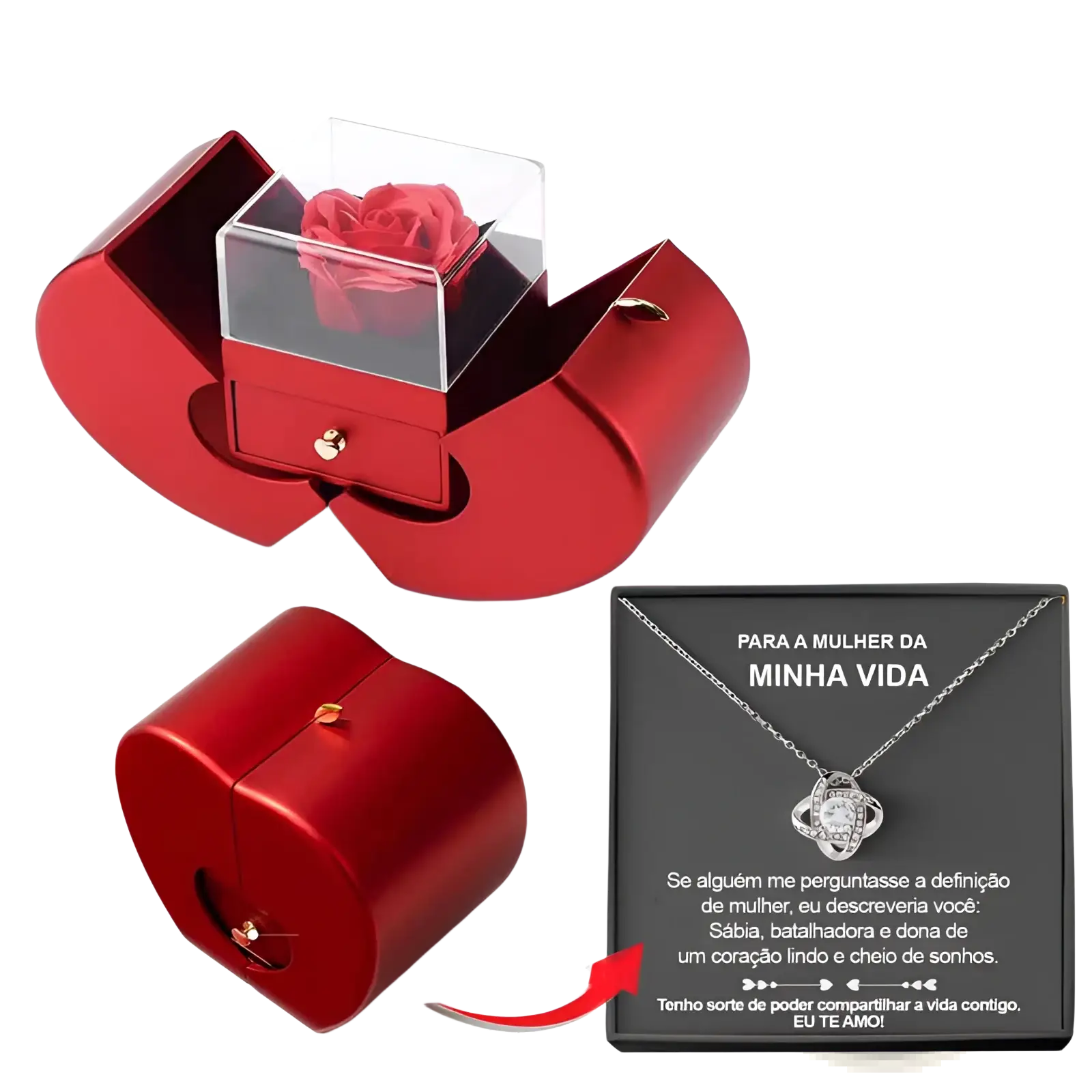 Red heart-shaped eternal rose apple jewelry box with preserved red rose and clear acrylic hidden necklace drawer