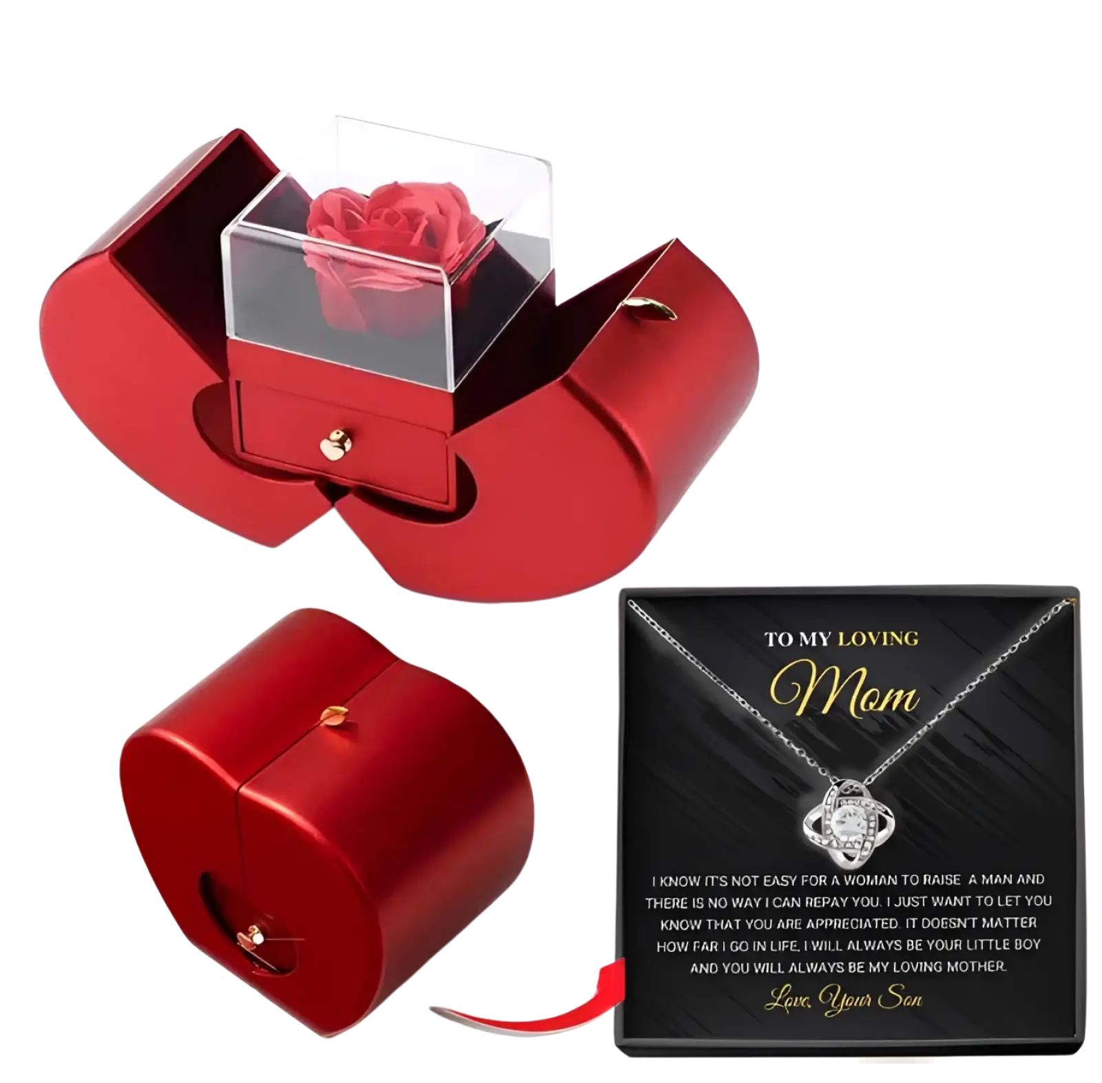 Red metallic heart shaped eternal rose apple jewelry box with clear acrylic lid and preserved red rose inside with hidden drawer
