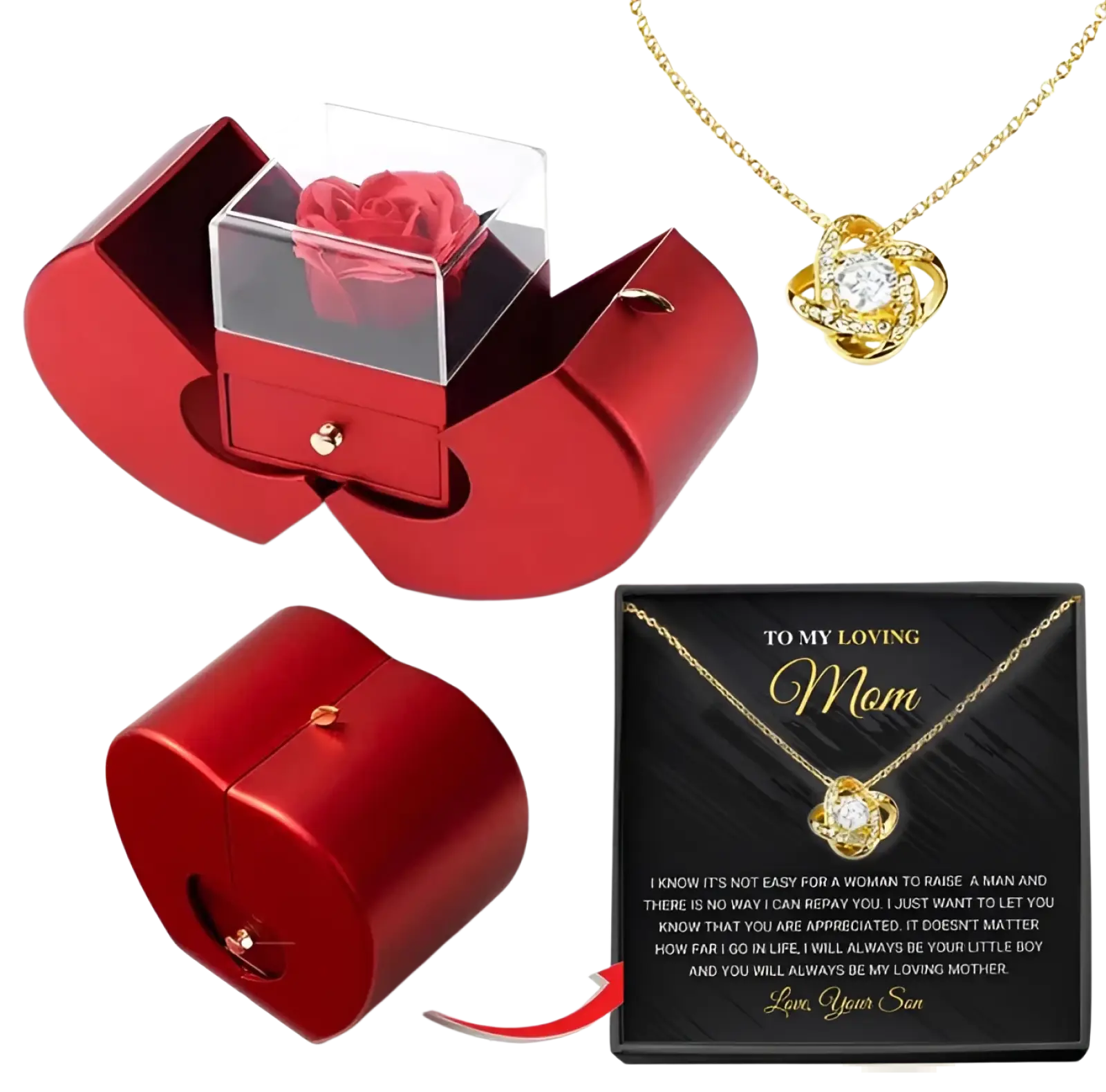Red metallic heart-shaped eternal rose apple jewelry box with clear acrylic lid and preserved red rose inside