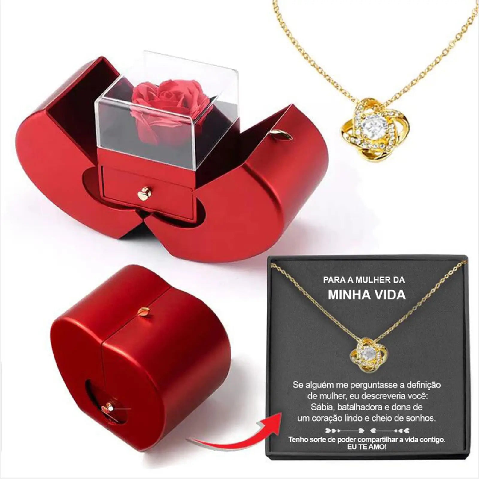 Eternal rose apple jewelry box with a red heart-shaped acrylic lid containing a preserved red rose and hidden drawer