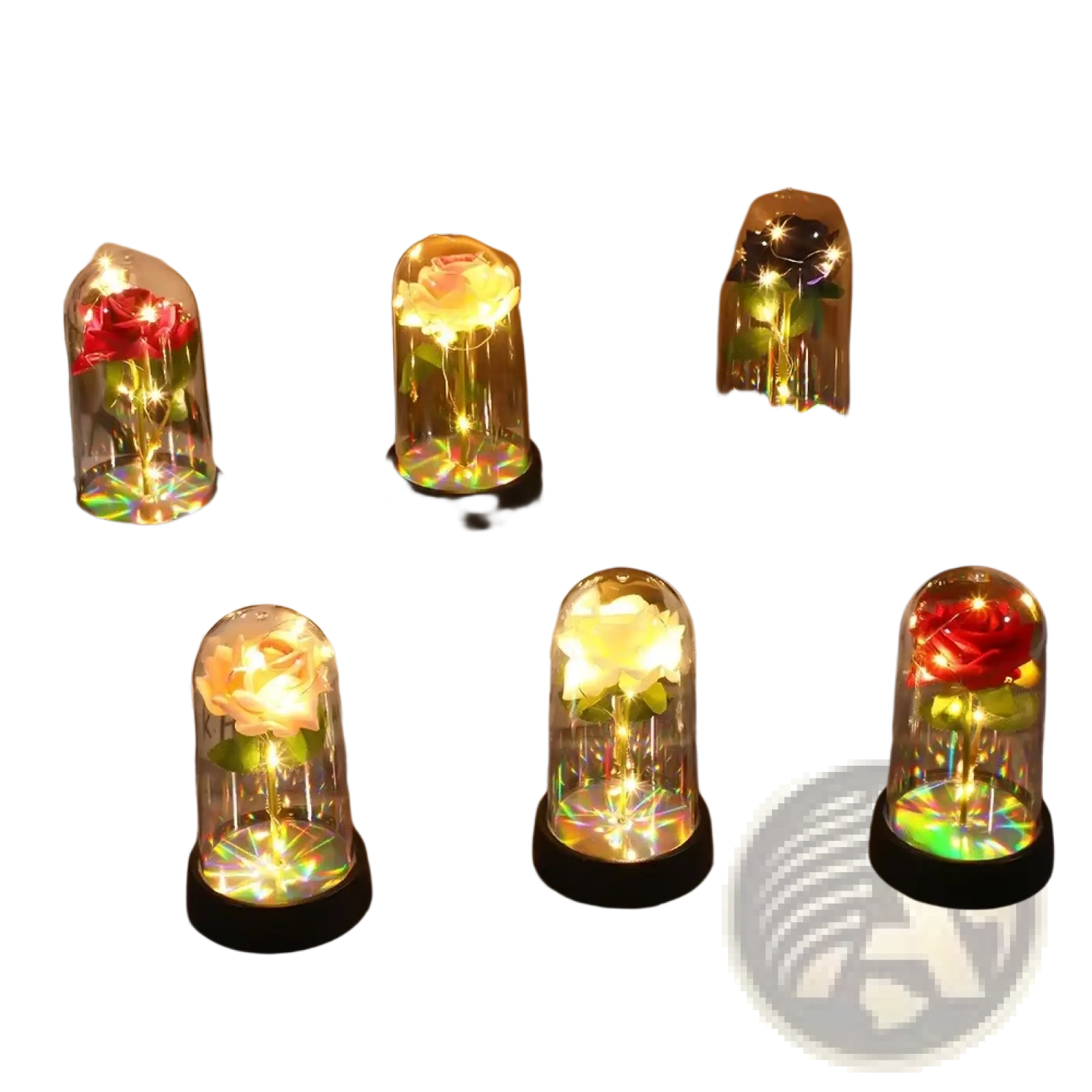 Five illuminated glass domes each with a preserved rose and colorful led lights in an eternal rose glass dome luminous flower gift