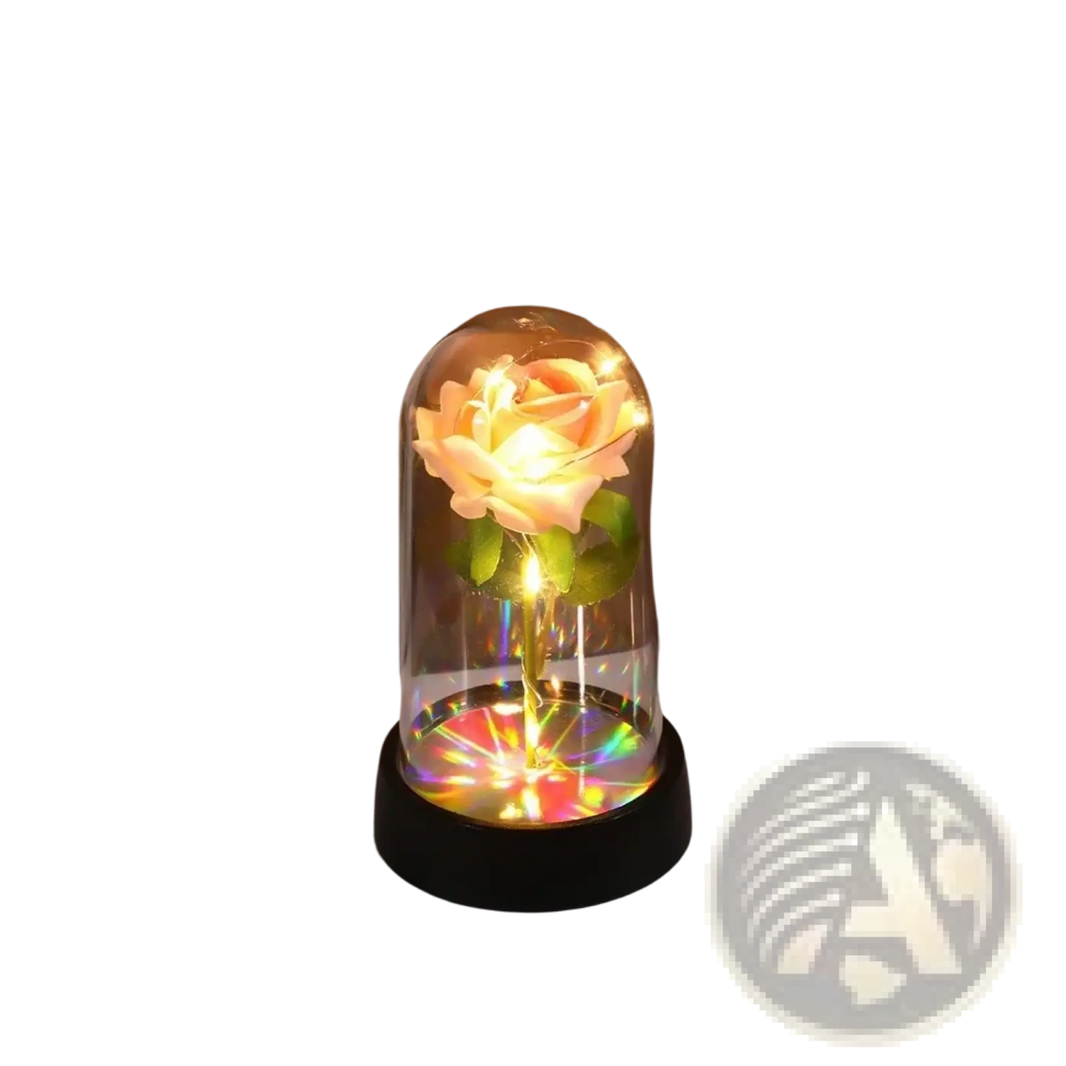 A glowing peach-colored eternal rose in a clear glass dome with a black base and colorful led illumination