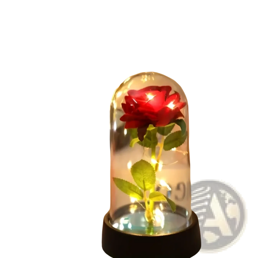 Eternal rose glass dome luminous flower gift with glowing red rose and warm fairy lights on black base