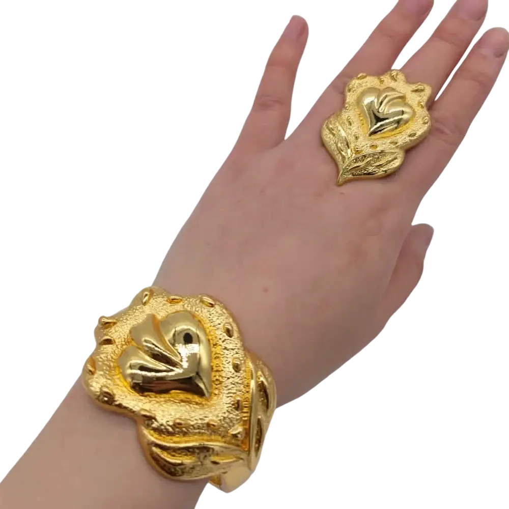 Gold heart-shaped bracelet and matching ring with textured leaf design in ethiopian arabic color bangles hand luxury jewelry
