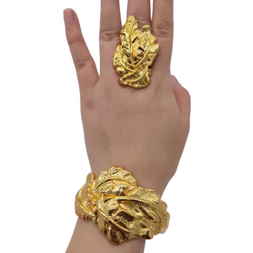 Gold leaf themed ethiopian arabic color bangles bracelet and ring set with intricate textured detailing hand luxury jewelry