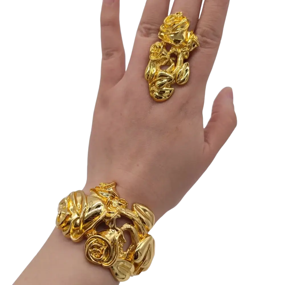 Gold-toned rose-themed bracelet and ring set with layered sculptural design in ethiopian arabic color bangles hand luxury jewelry style