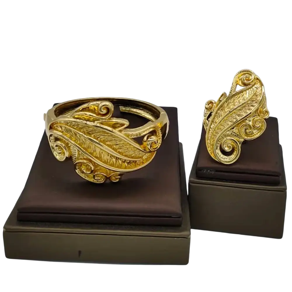 Golden feather-themed ethiopian arabic color bangles and ring set with intricate swirling designs hand luxury jewelry