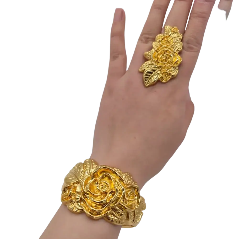 Golden rose-themed bracelet and matching ring set with detailed petals and leaves in ethiopian arabic color bangles hand luxury jewelry