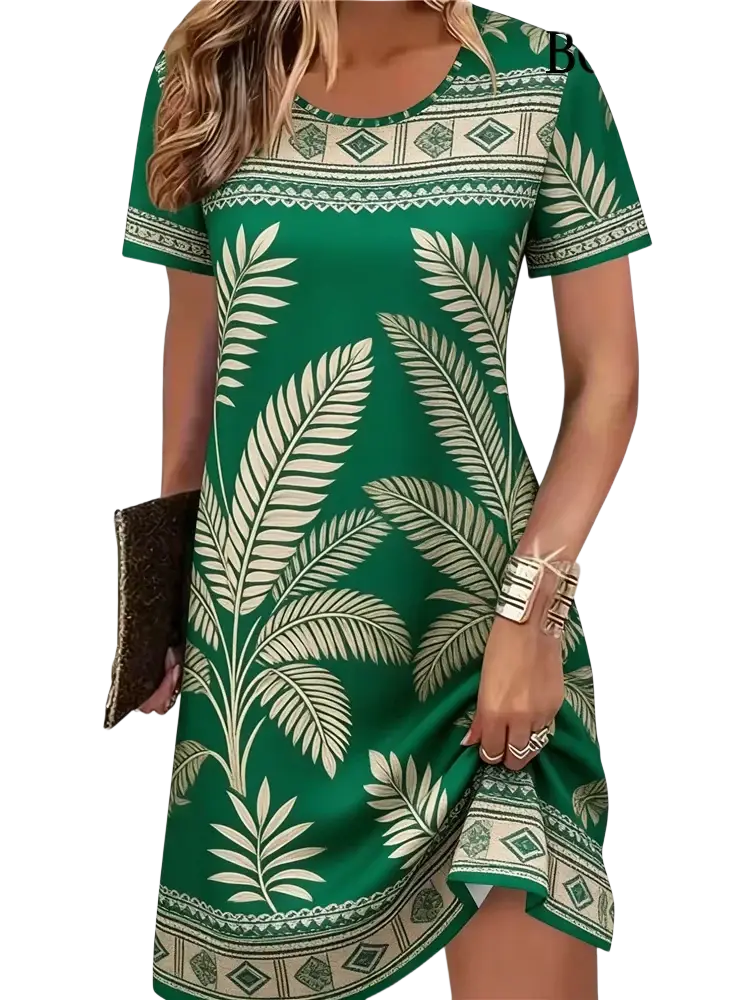 Ethnic style 3d print summer dress with green tropical leaf print and cream beige geometric border details