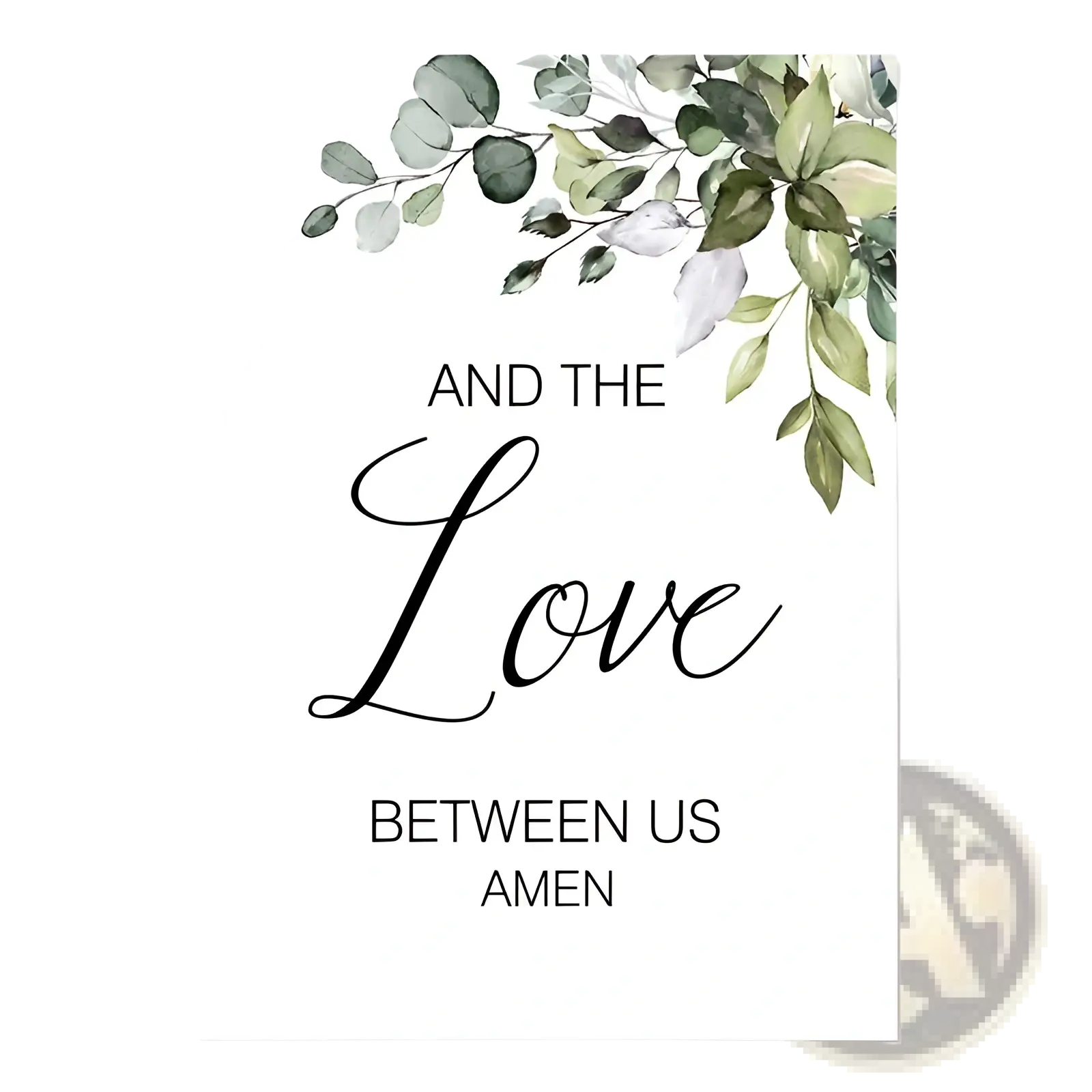A delicate eucalyptus botanical love and bless wall art set with green and white leaves and black cursive text