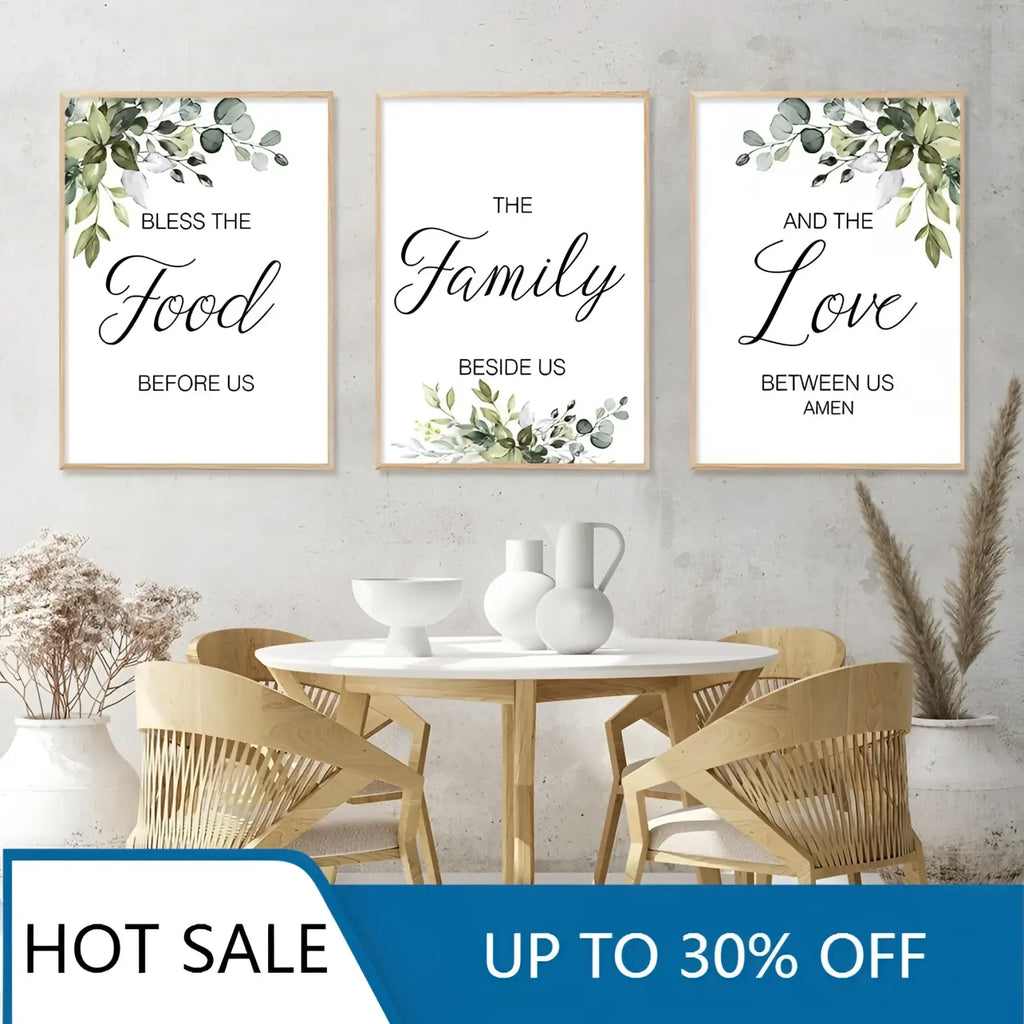 Three framed eucalyptus botanical love and bless wall art prints with black cursive text in light wood frames on white backgrounds