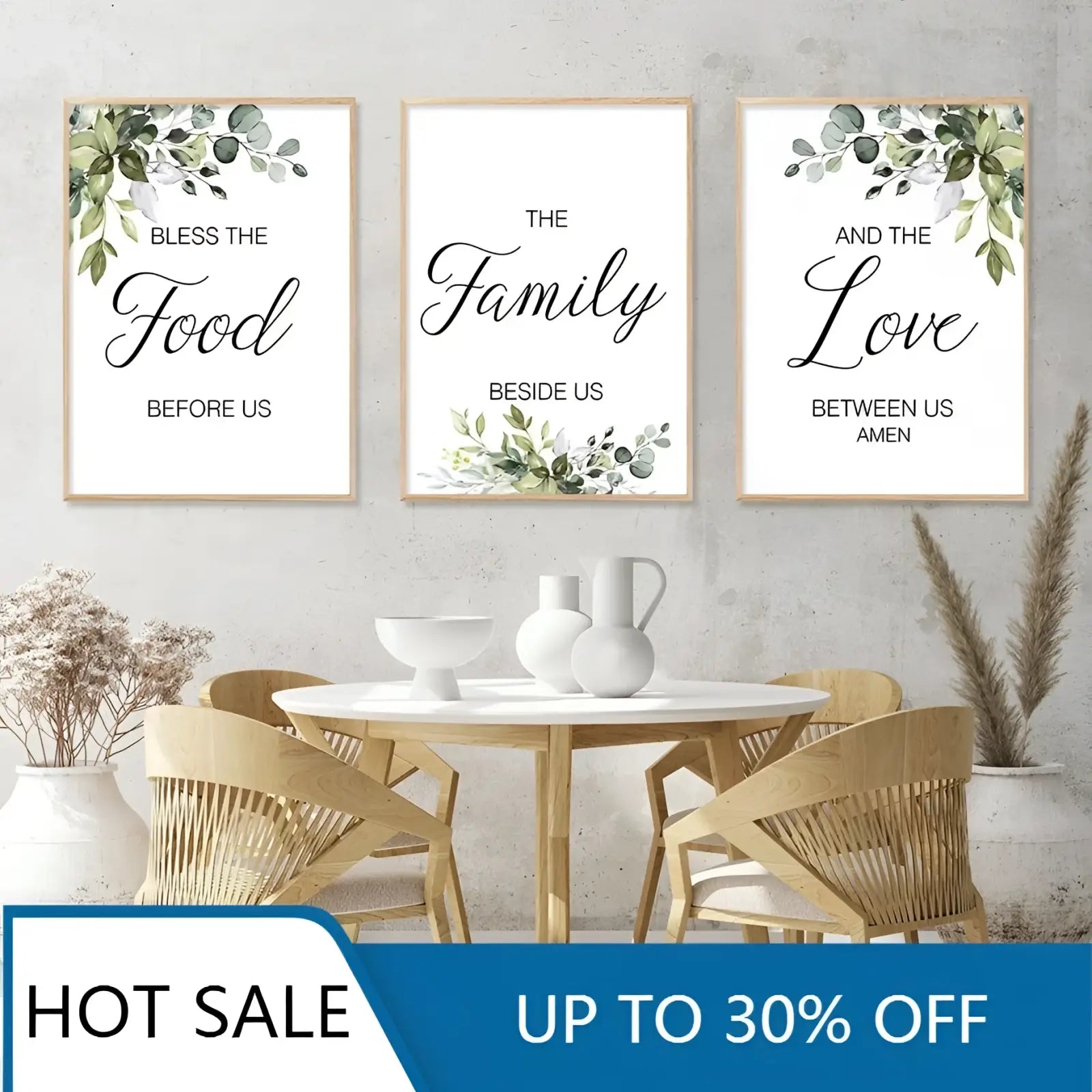 Three framed eucalyptus botanical love and bless wall art prints with black cursive text in light wood frames on white backgrounds
