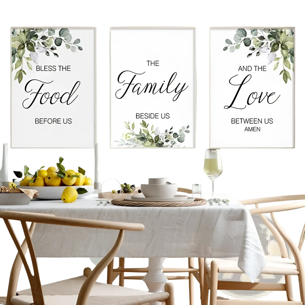 Three framed eucalyptus botanical love and bless wall art prints with black cursive text on white backgrounds