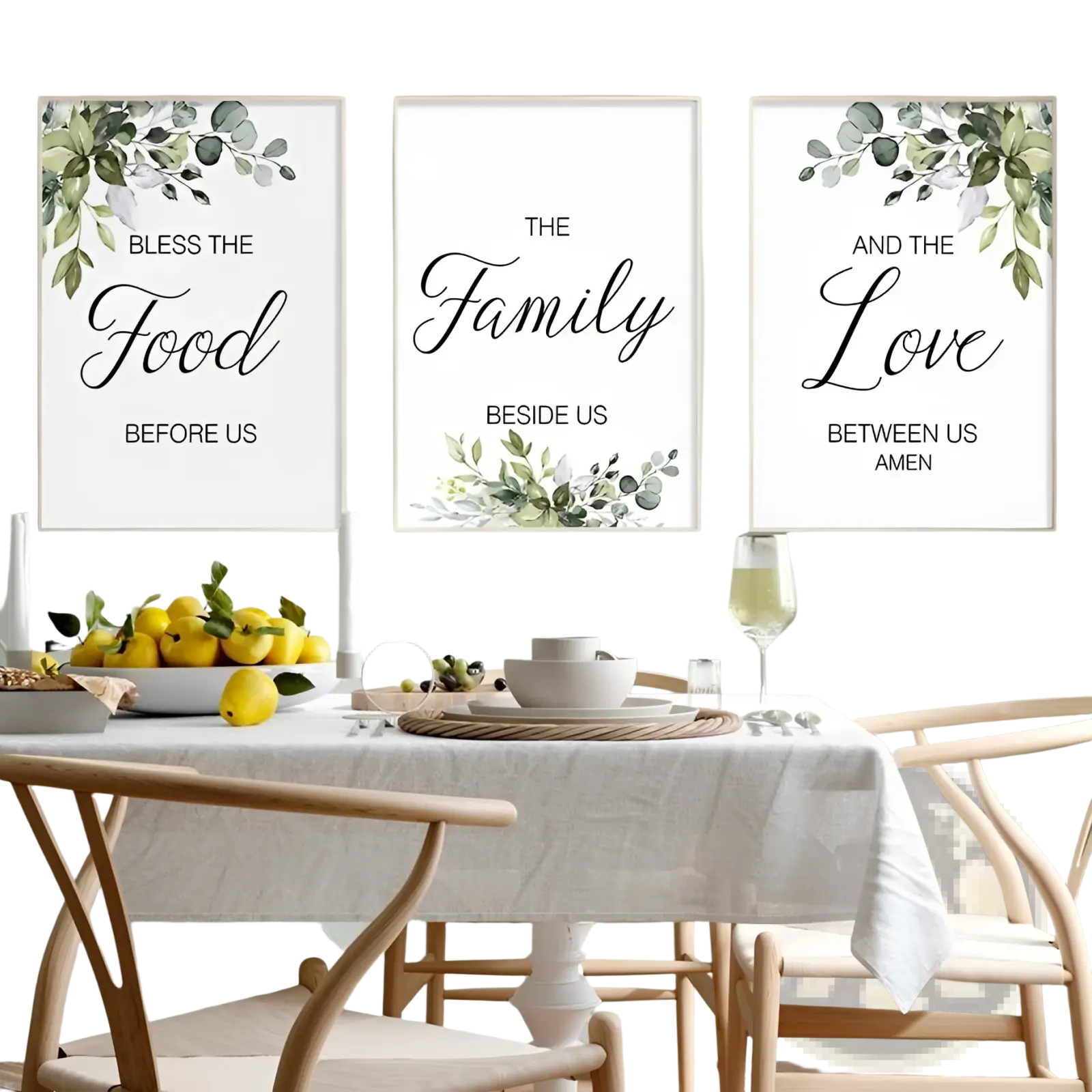 Three framed eucalyptus botanical love and bless wall art prints with black cursive text on white backgrounds