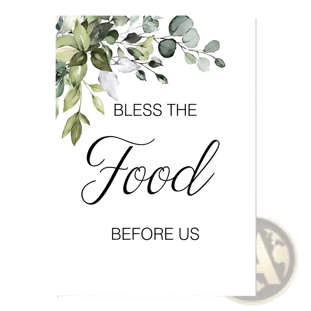 A white rectangular eucalyptus botanical love and bless wall art sign with black cursive text and green leaves