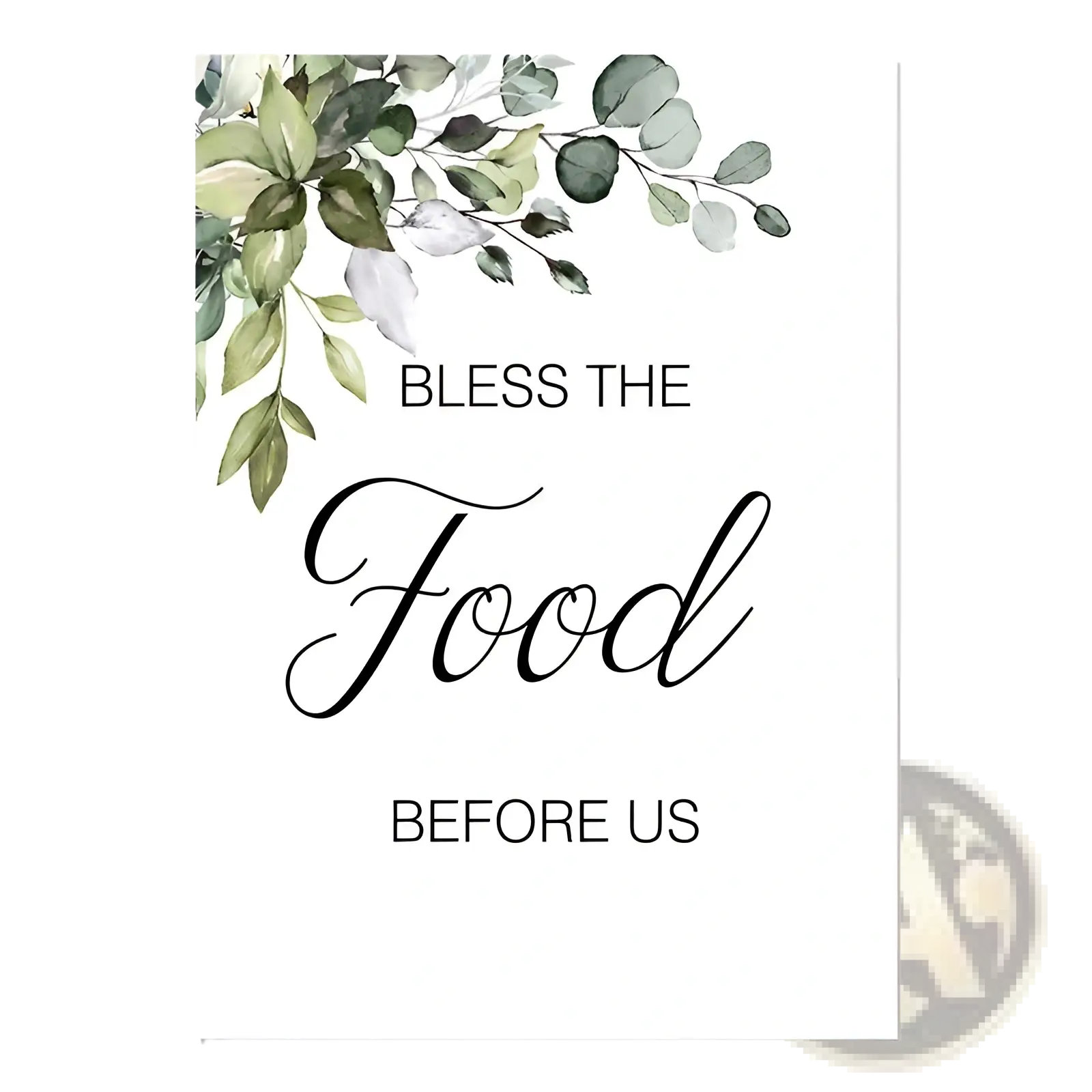 A white rectangular eucalyptus botanical love and bless wall art sign with black cursive text and green leaves