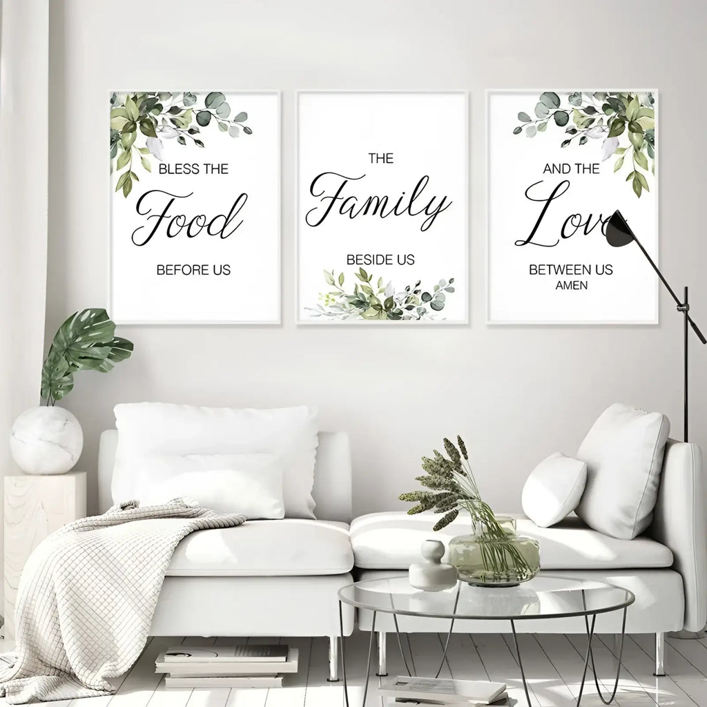 White minimalist sofa with clean lines and soft cushions beside eucalyptus botanical love and bless wall art set
