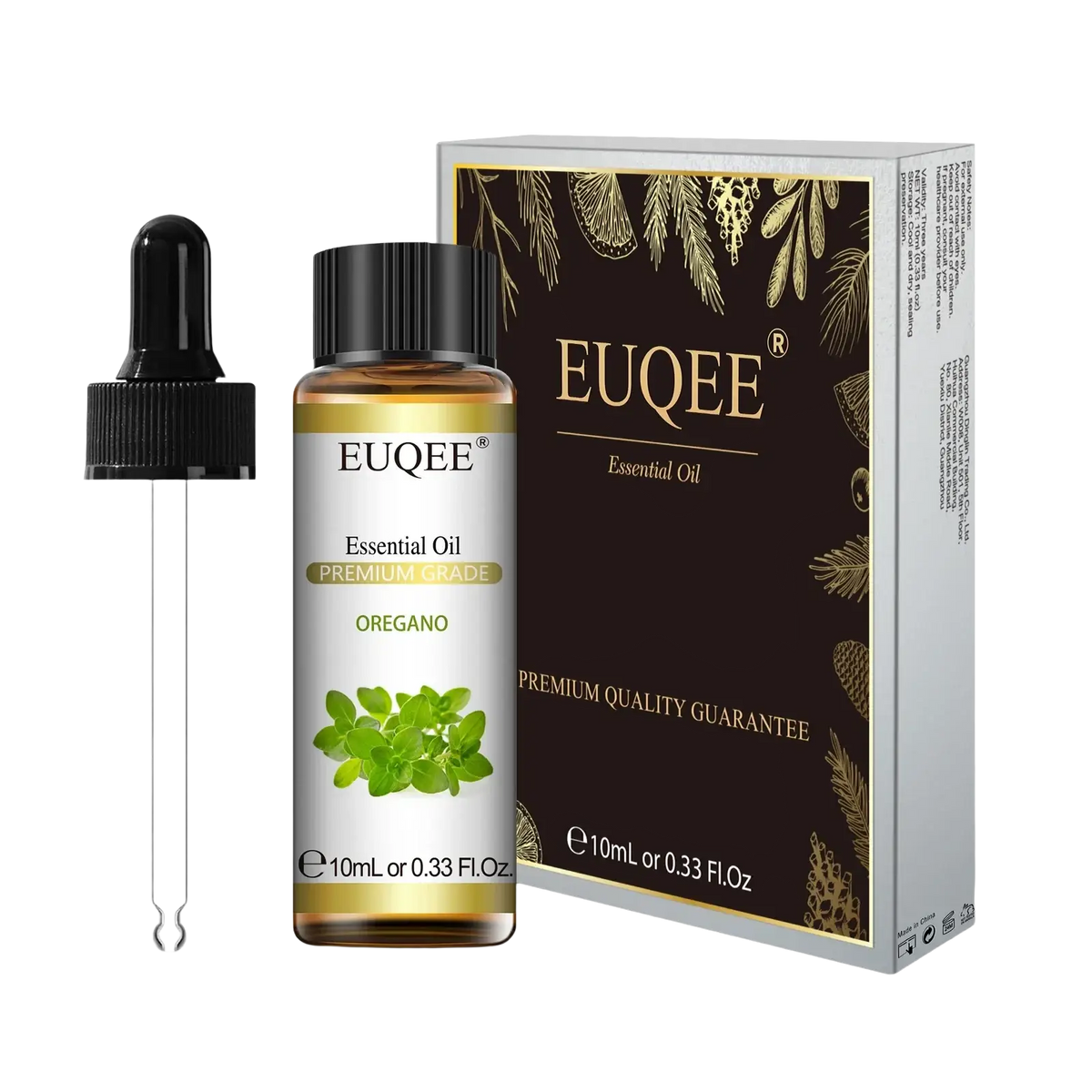 A clear glass bottle of euqee premium grade golden oregano pure essential oil with black dropper cap and packaging
