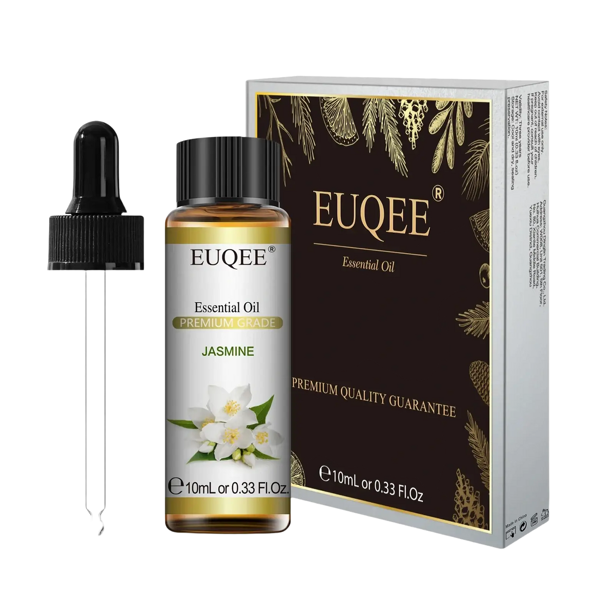 Elegant amber glass bottle of euqee pure eucalyptus essential oil with black dropper cap and jasmine flower label