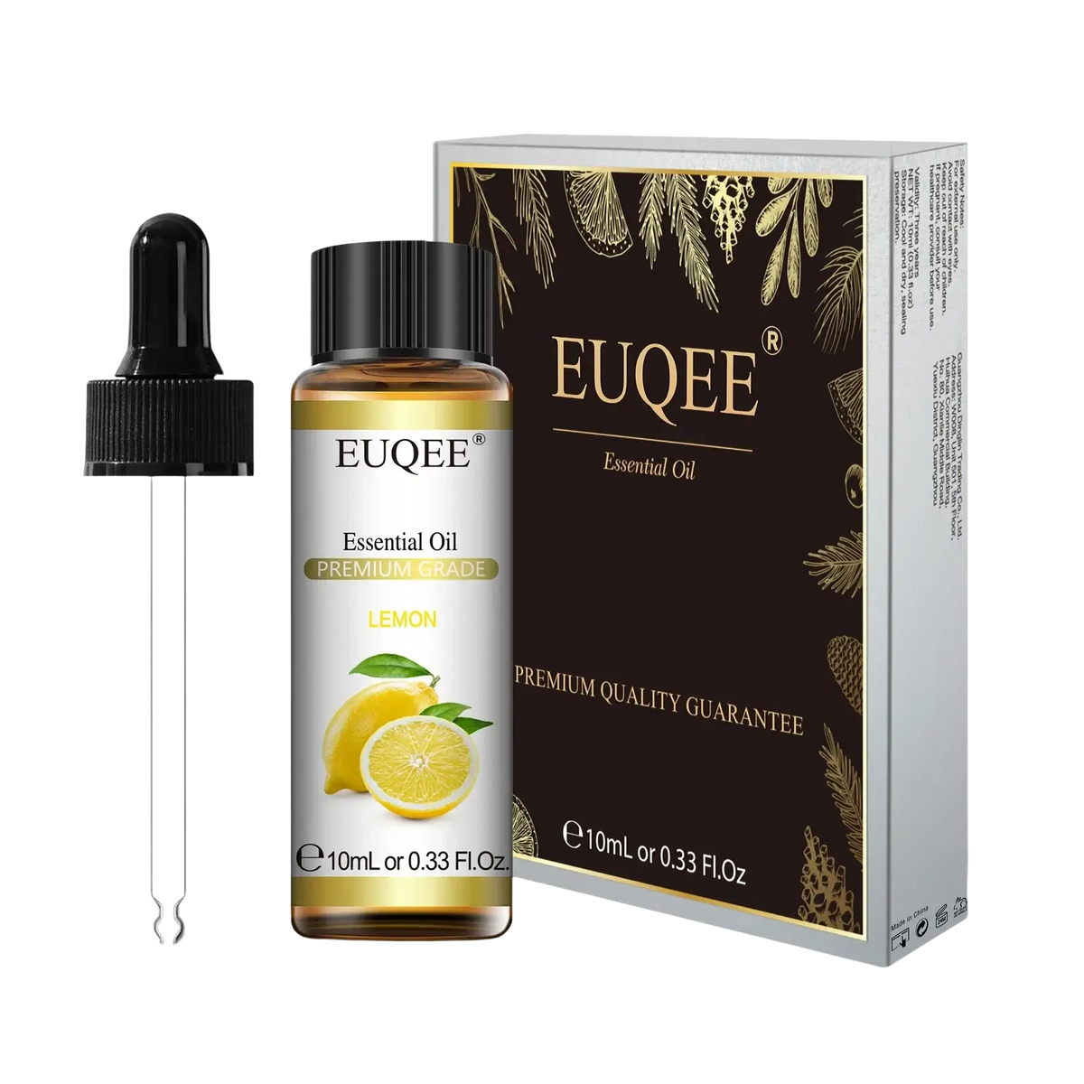 Equate pure lemon essential oil in a clear glass bottle with black dropper cap and matching packaging for aromatherapy