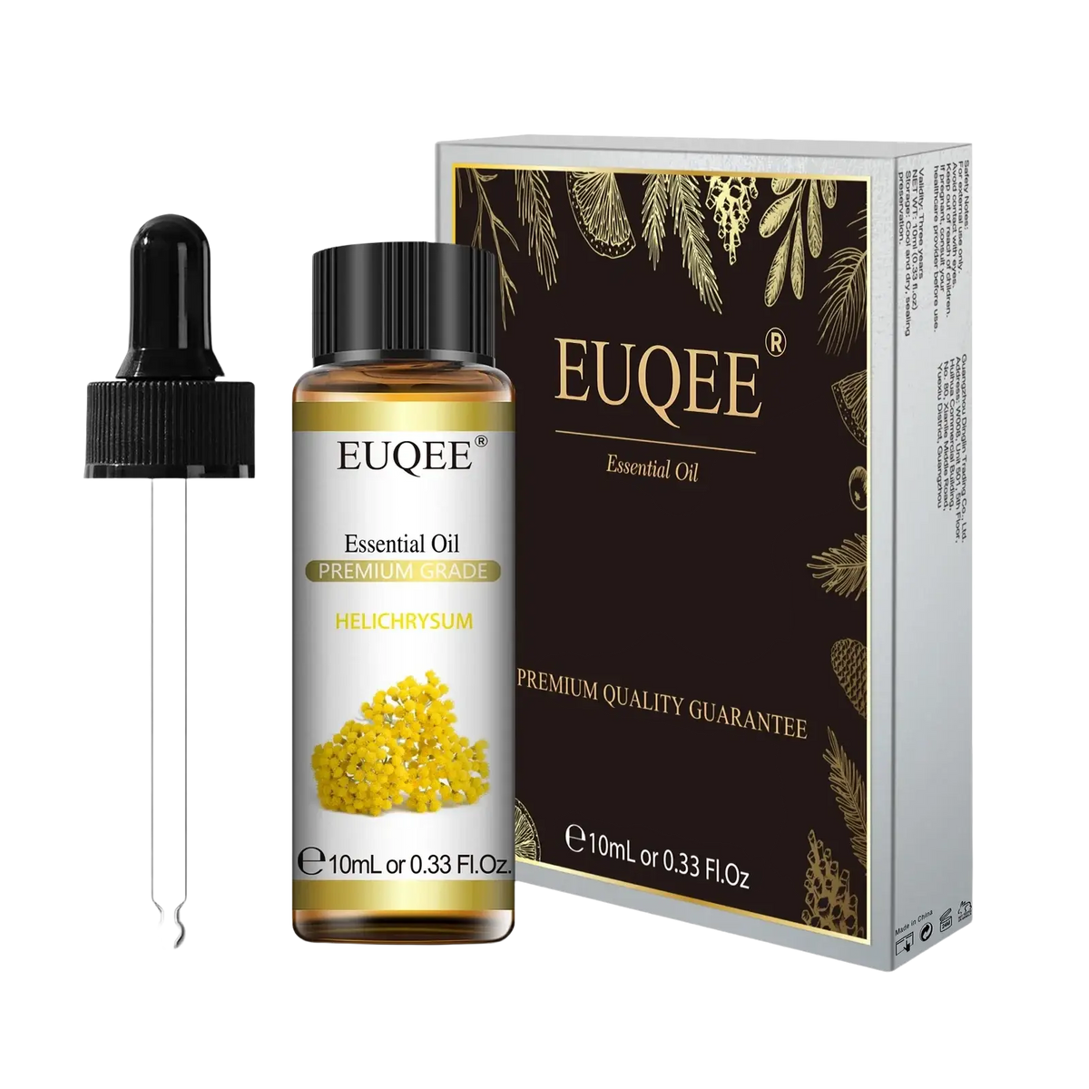 Euqee helichrysum pure essential oil in a clear glass 10ml bottle with black dropper for aromatherapy use
