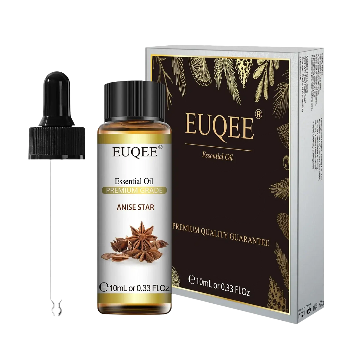 Euqee essential oil pure star anise in a clear glass bottle with black dropper and elegant brown gold packaging