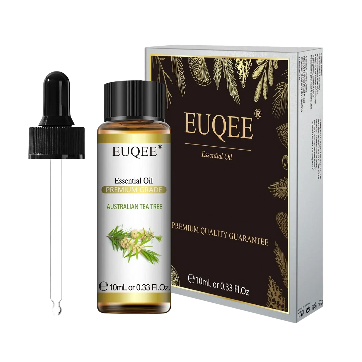 Euqee brand pure eucalyptus essential oil in a clear glass bottle with black dropper and elegant brown gold packaging