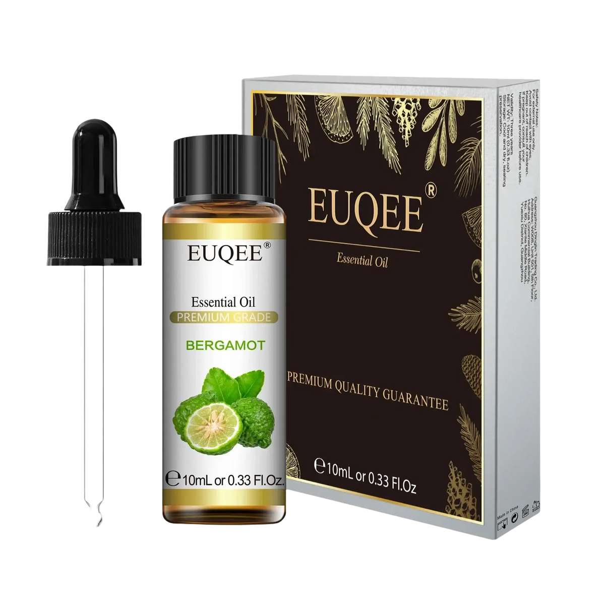 Euqee brand pure eucalyptus essential oil 10ml in a clear glass bottle with black cap and elegant brown gold packaging