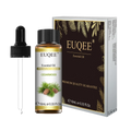 Euqee brand pure eucalyptus essential oil in a clear glass bottle with black dropper and elegant brown gold packaging
